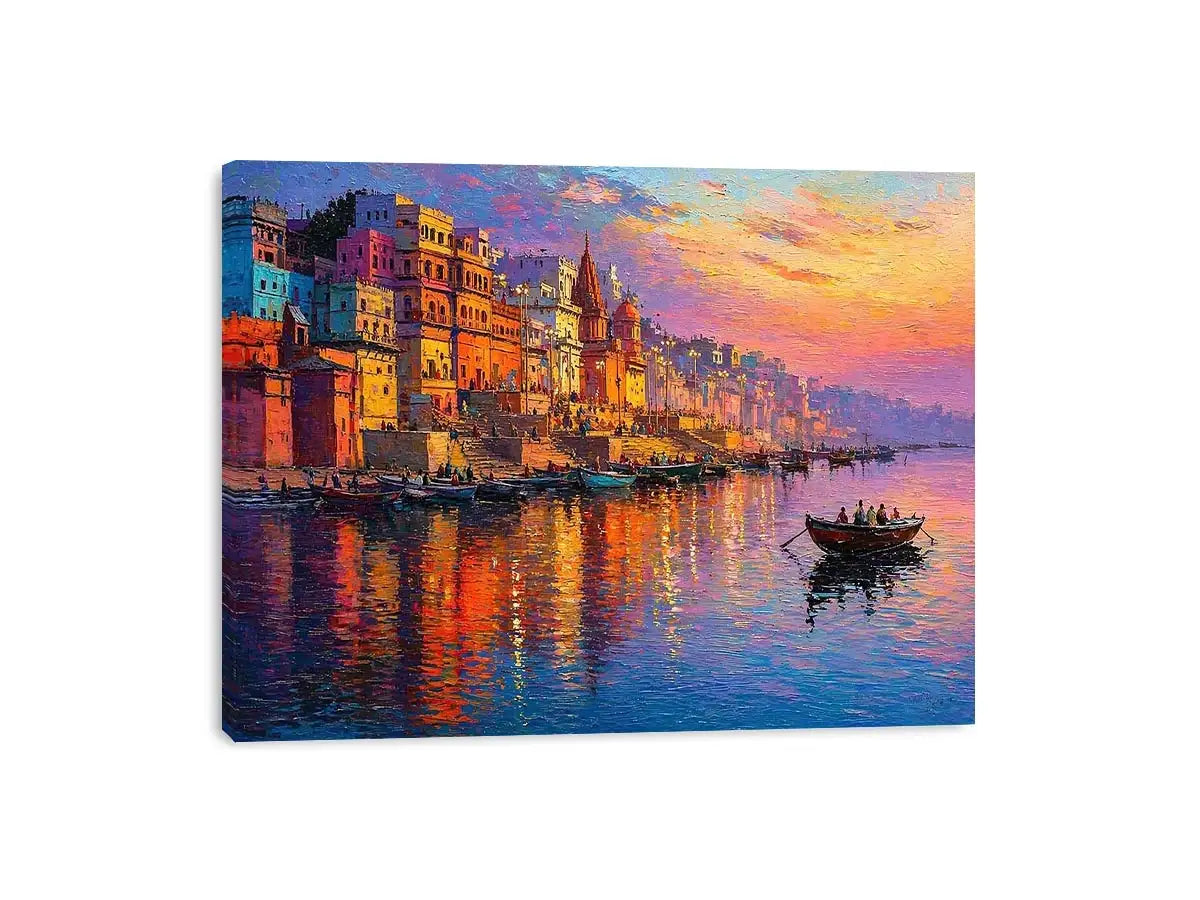 river city canvas art with boats and sunset for elegant living room decor.