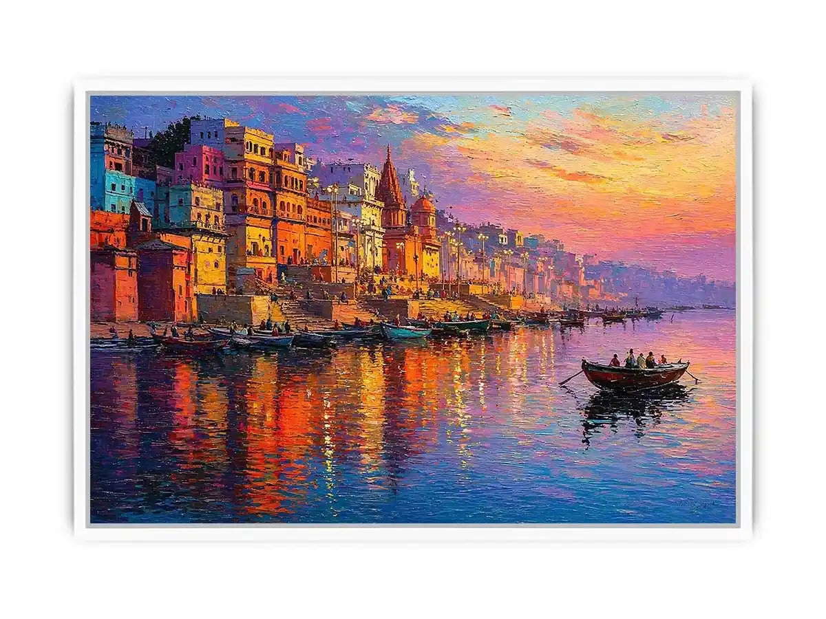 river city canvas art with boats and sunset for elegant living room decor.