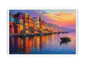 river city canvas art with boats and sunset for elegant living room decor.