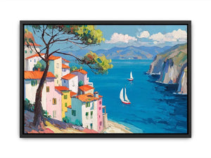 Mediterranean coastal village canvas art with blue sea for bright living room decor.