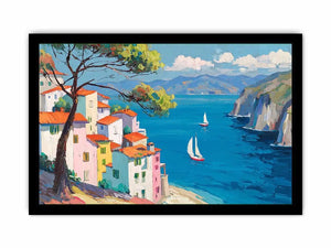 Mediterranean coastal village canvas art with blue sea for bright living room decor.