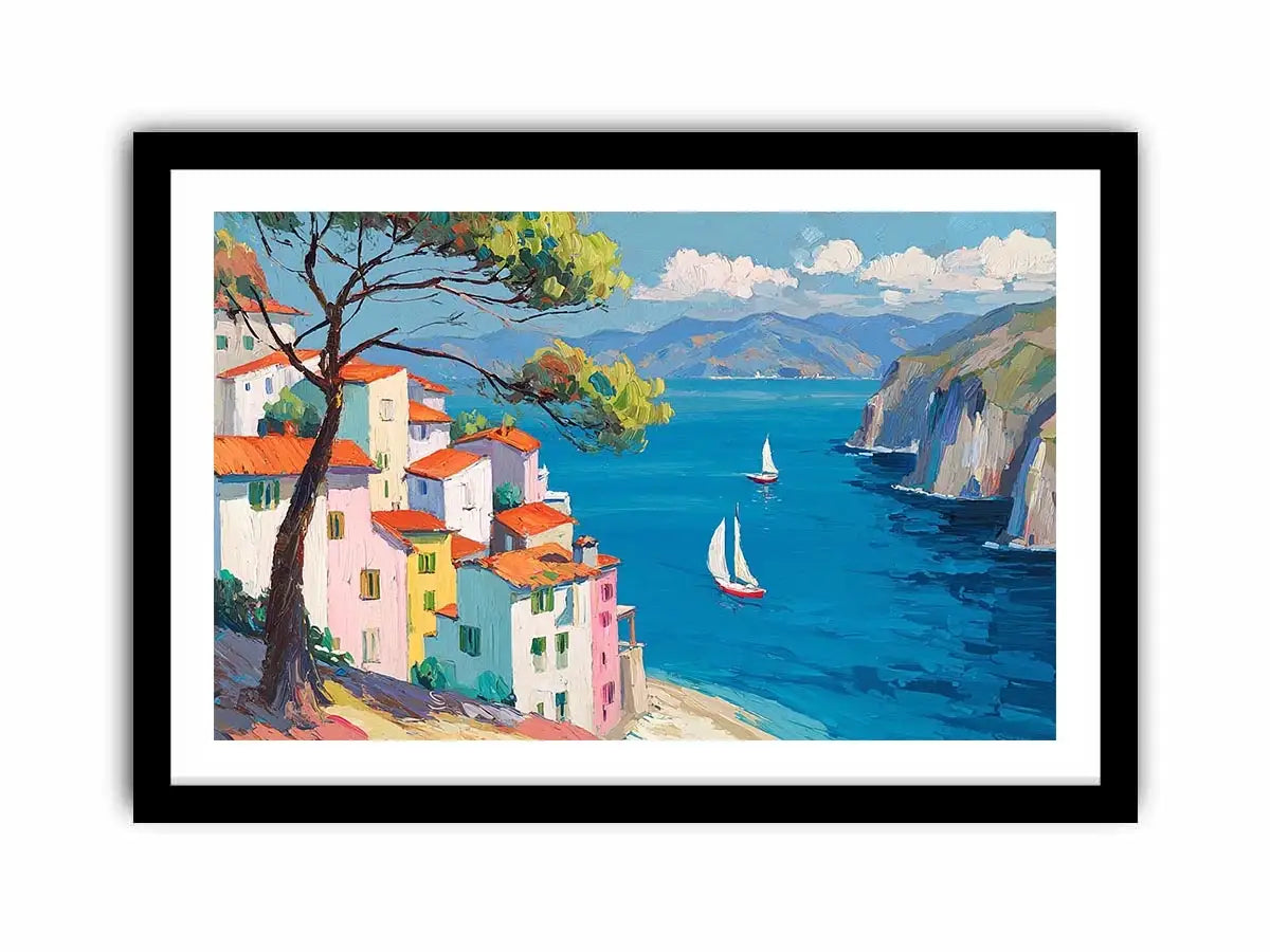 Mediterranean coastal village canvas art with blue sea for bright living room decor.