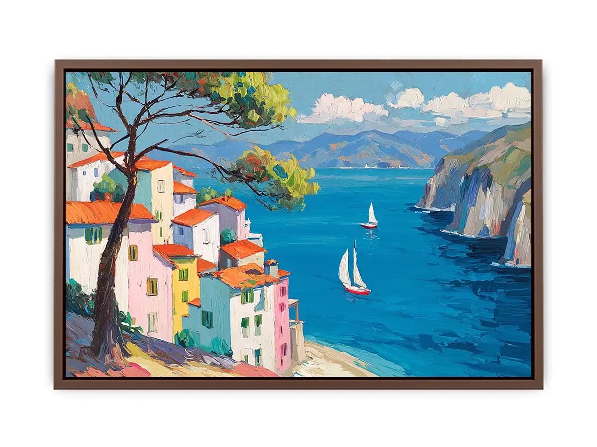 Mediterranean coastal village canvas art with blue sea for bright living room decor.