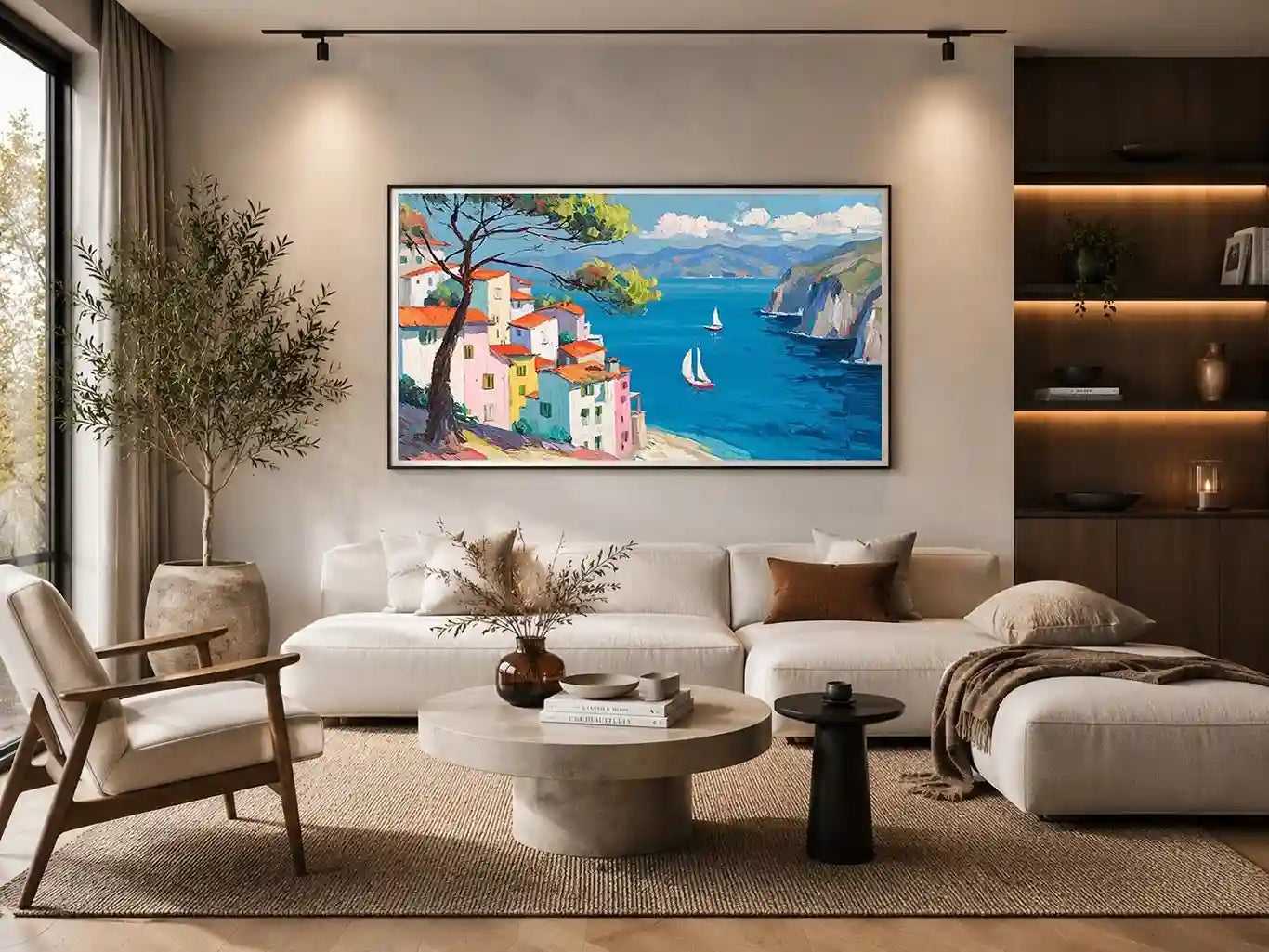 Mediterranean coastal village canvas art with blue sea for bright living room decor.