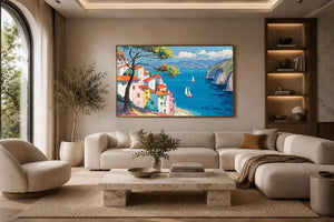 Mediterranean coastal village canvas art with blue sea for bright living room decor.