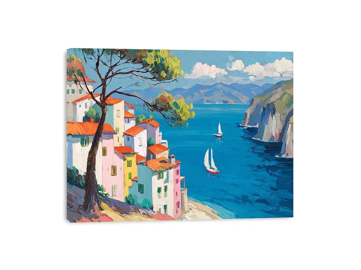Mediterranean coastal village canvas art with blue sea for bright living room decor.