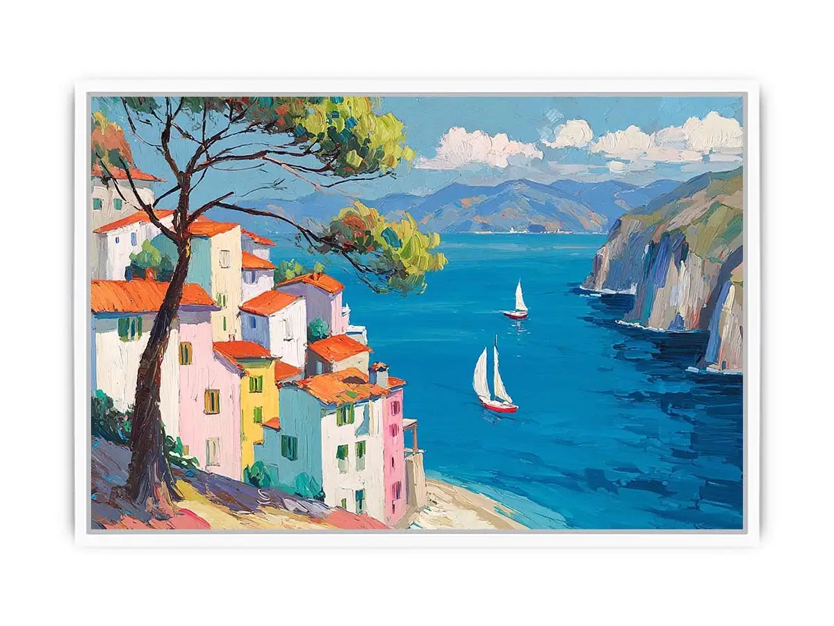 Mediterranean coastal village canvas art with blue sea for bright living room decor.