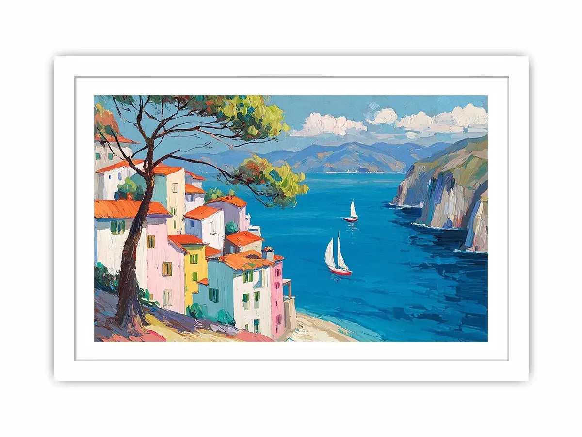 Mediterranean coastal village canvas art with blue sea for bright living room decor.