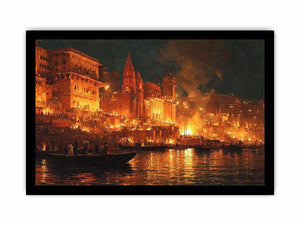 Moody riverside city canvas art with firelight and boats for dramatic decor.