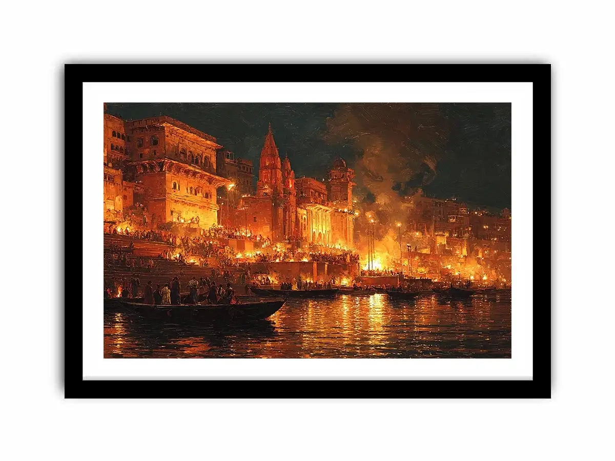 Moody riverside city canvas art with firelight and boats for dramatic decor.