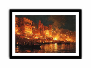 Moody riverside city canvas art with firelight and boats for dramatic decor.