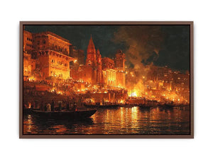 Moody riverside city canvas art with firelight and boats for dramatic decor.