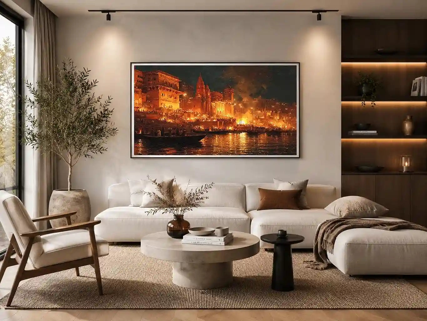 Moody riverside city canvas art with firelight and boats for dramatic decor.