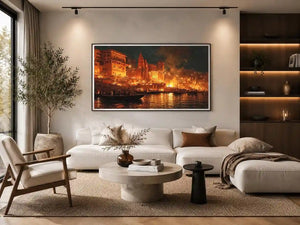 Moody riverside city canvas art with firelight and boats for dramatic decor.