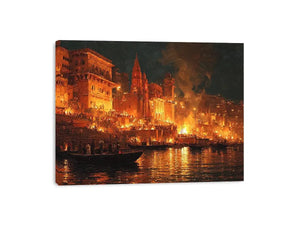 Moody riverside city canvas art with firelight and boats for dramatic decor.