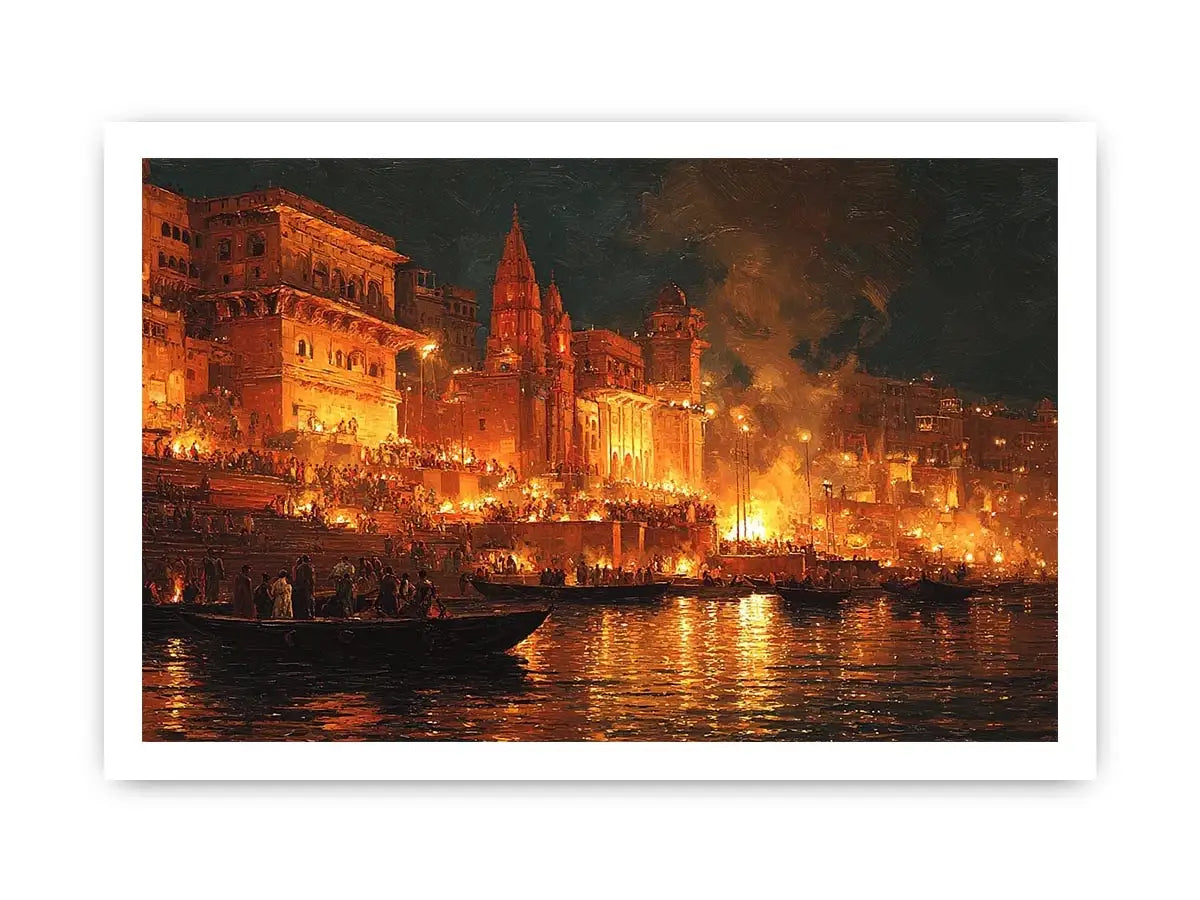 Moody riverside city canvas art with firelight and boats for dramatic decor.