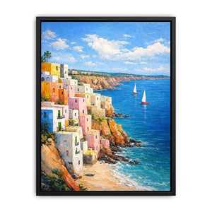 Vertical Mediterranean cliffside village canvas art with blue ocean for coastal decor.