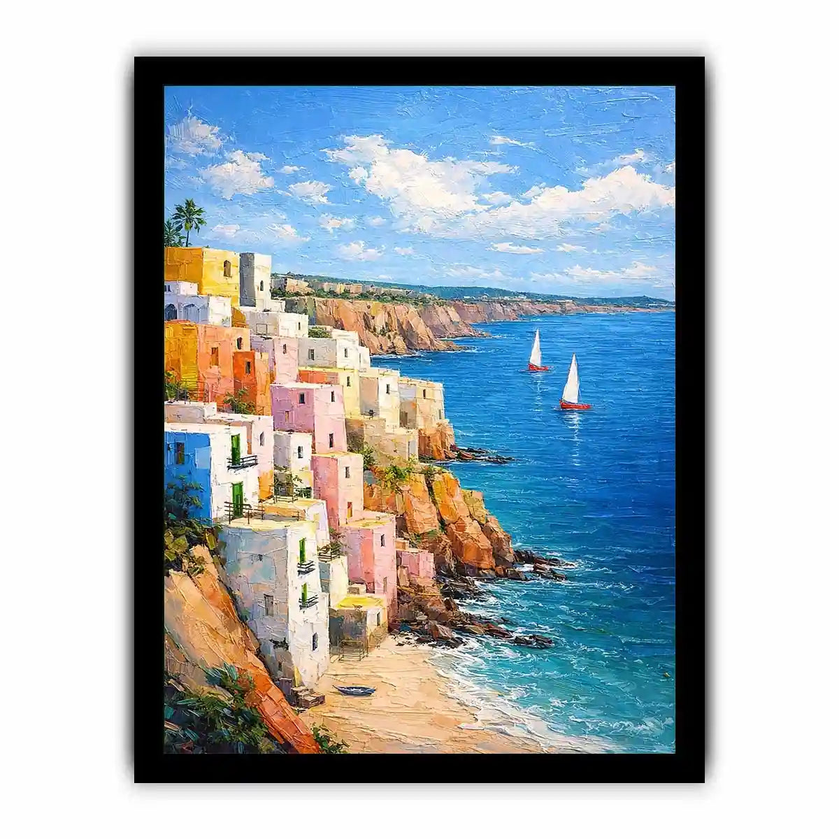 Vertical Mediterranean cliffside village canvas art with blue ocean for coastal decor.