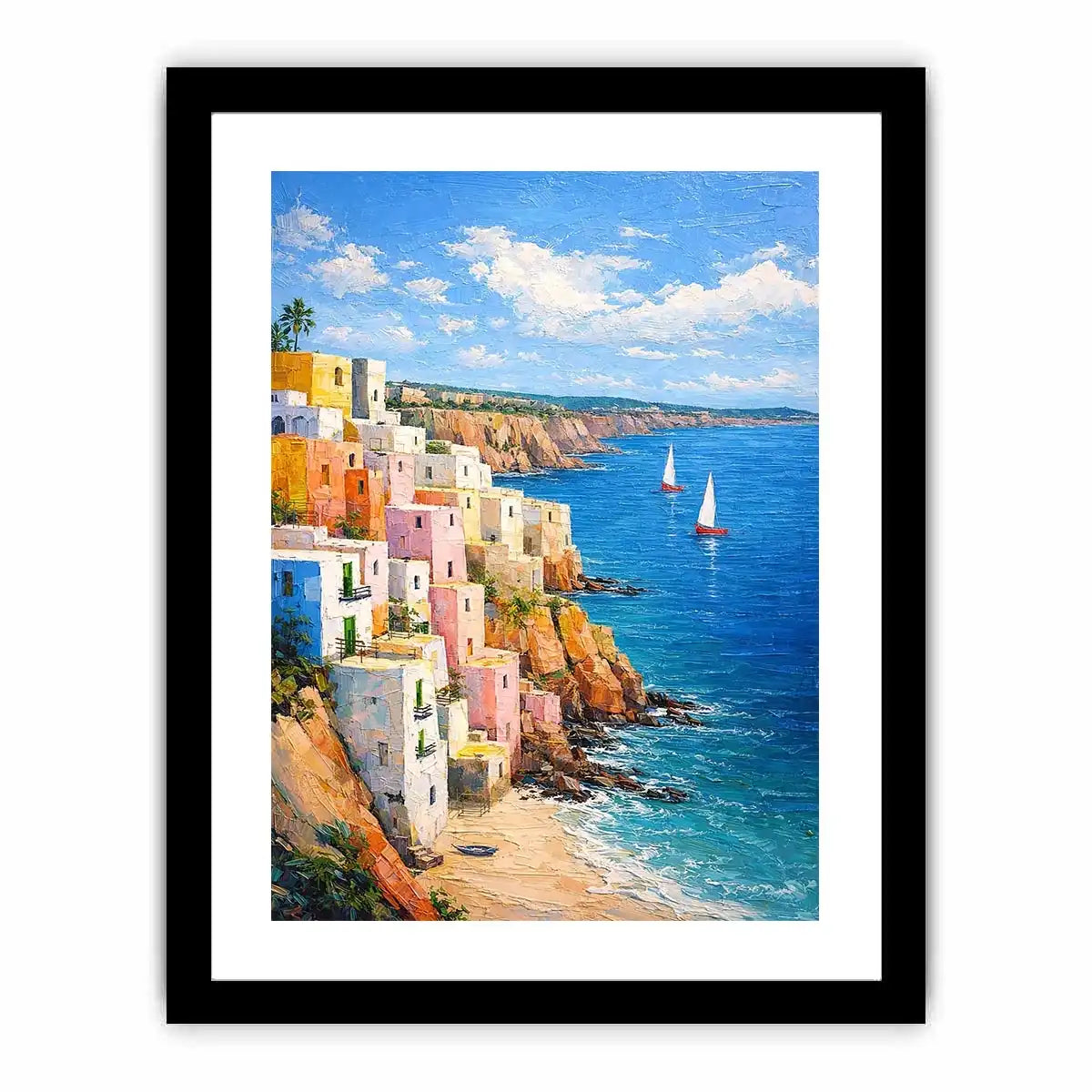 Vertical Mediterranean cliffside village canvas art with blue ocean for coastal decor.