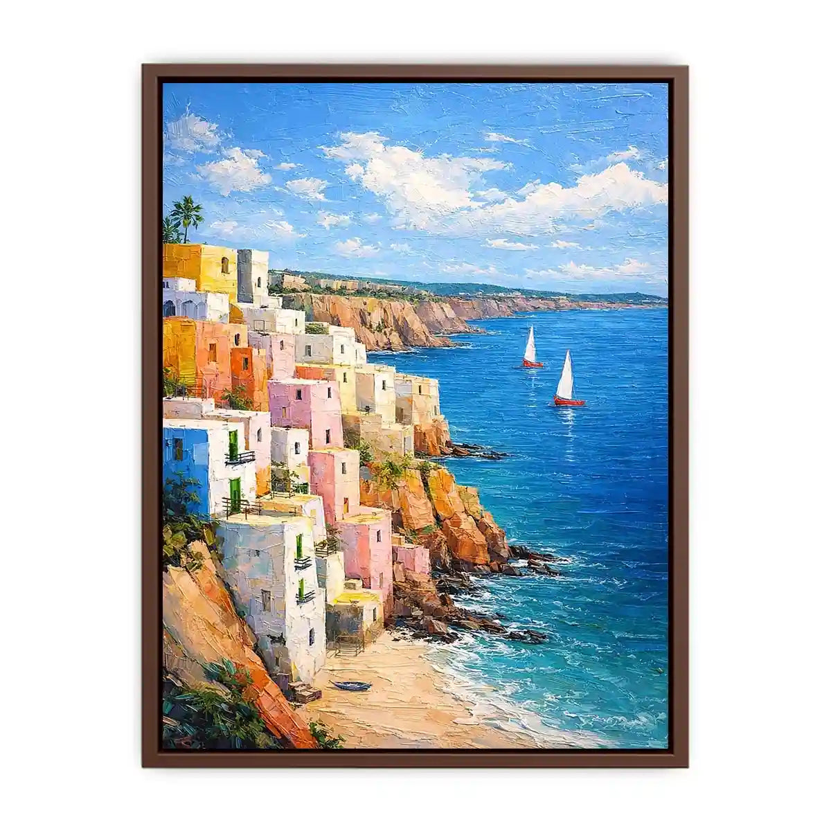 Vertical Mediterranean cliffside village canvas art with blue ocean for coastal decor.