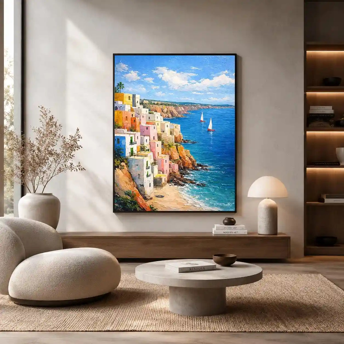 Vertical Mediterranean cliffside village canvas art with blue ocean for coastal decor.