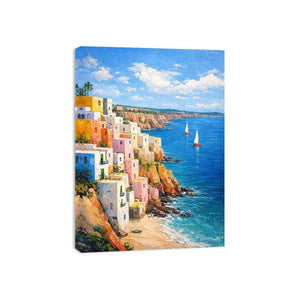 Vertical Mediterranean cliffside village canvas art with blue ocean for coastal decor.