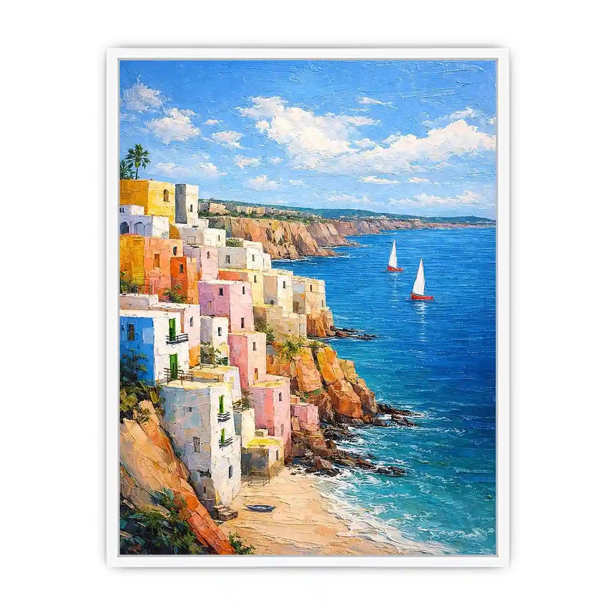 Vertical Mediterranean cliffside village canvas art with blue ocean for coastal decor.