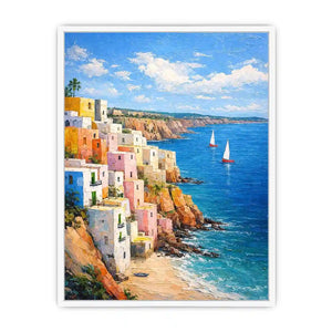 Vertical Mediterranean cliffside village canvas art with blue ocean for coastal decor.