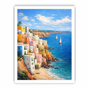 Vertical Mediterranean cliffside village canvas art with blue ocean for coastal decor.
