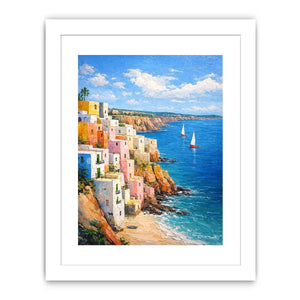 Vertical Mediterranean cliffside village canvas art with blue ocean for coastal decor.