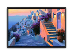 Santorini village stairs canvas art with flowers and sunset for Mediterranean decor.