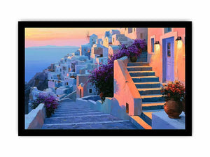 Santorini village stairs canvas art with flowers and sunset for Mediterranean decor.
