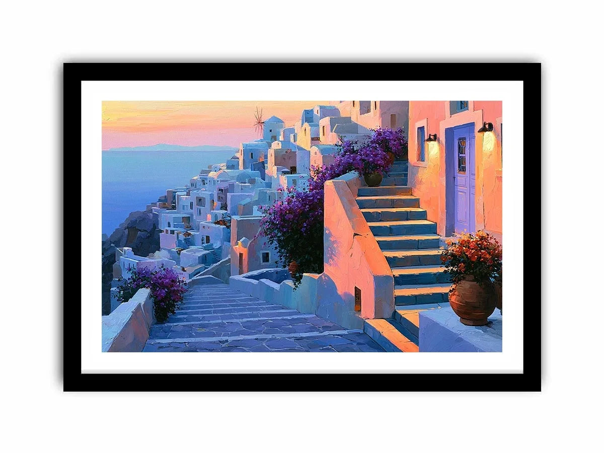 Santorini village stairs canvas art with flowers and sunset for Mediterranean decor.