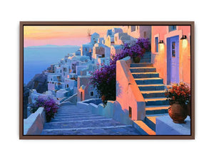 Santorini village stairs canvas art with flowers and sunset for Mediterranean decor.