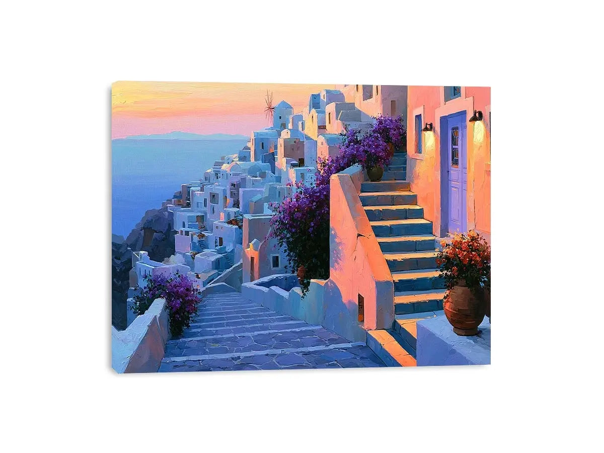 Santorini village stairs canvas art with flowers and sunset for Mediterranean decor.