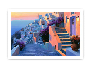 Santorini village stairs canvas art with flowers and sunset for Mediterranean decor.