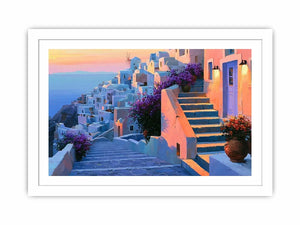 Santorini village stairs canvas art with flowers and sunset for Mediterranean decor.