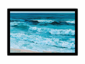 Horizontal turquoise ocean wave canvas art for calming coastal living room decor.