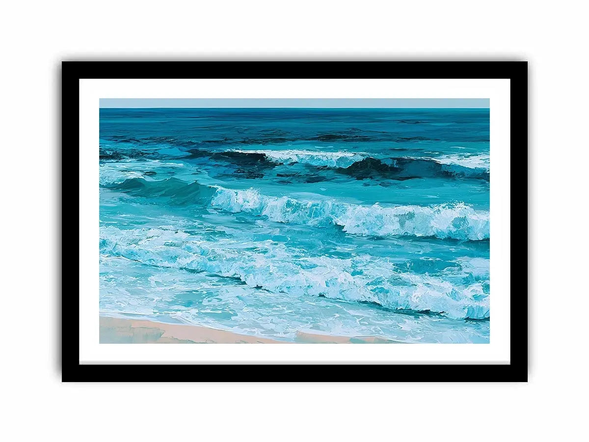 Horizontal turquoise ocean wave canvas art for calming coastal living room decor.