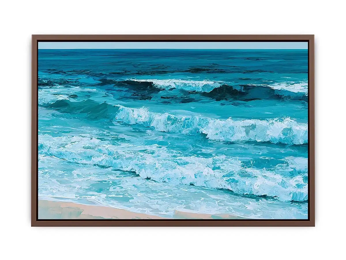 Horizontal turquoise ocean wave canvas art for calming coastal living room decor.