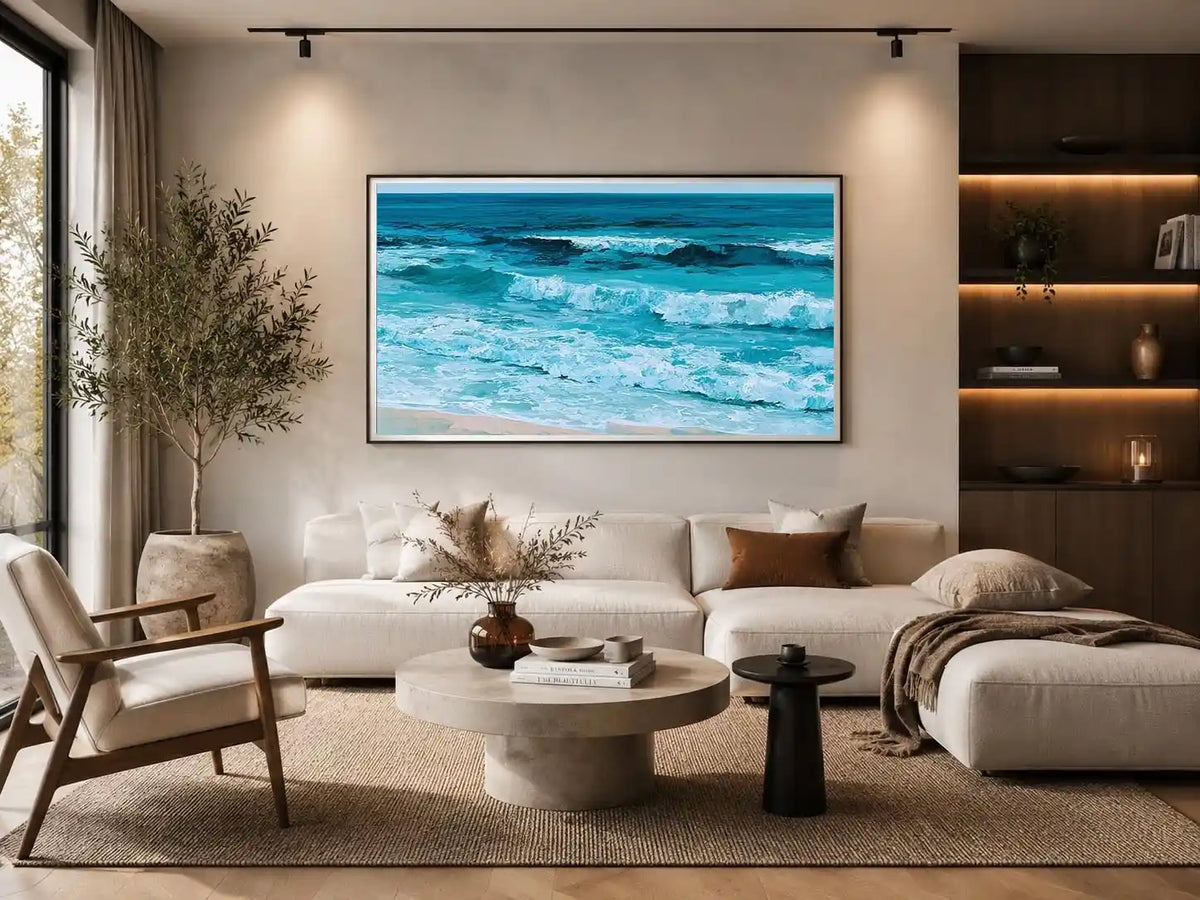 Horizontal turquoise ocean wave canvas art for calming coastal living room decor.