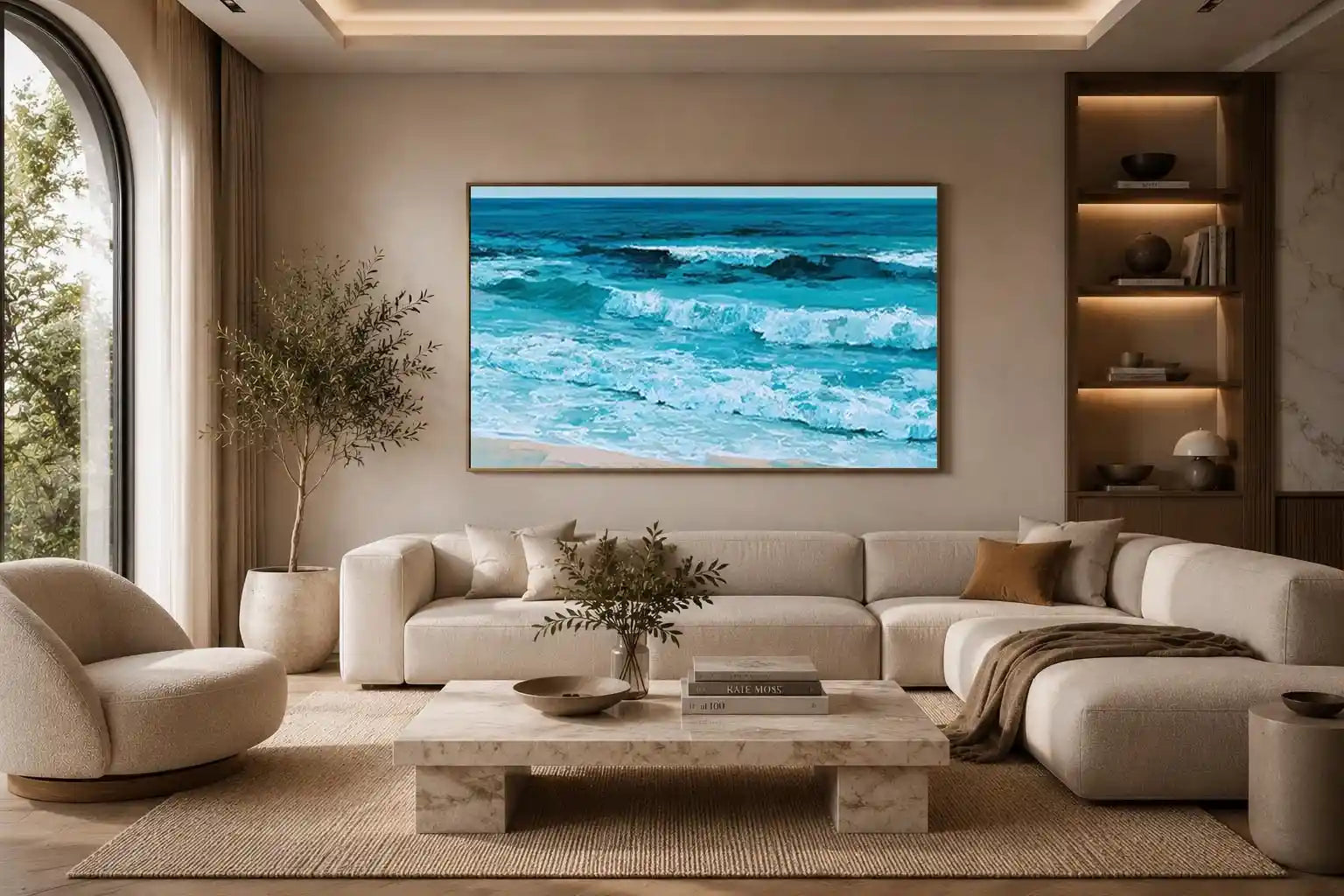 Horizontal turquoise ocean wave canvas art for calming coastal living room decor.