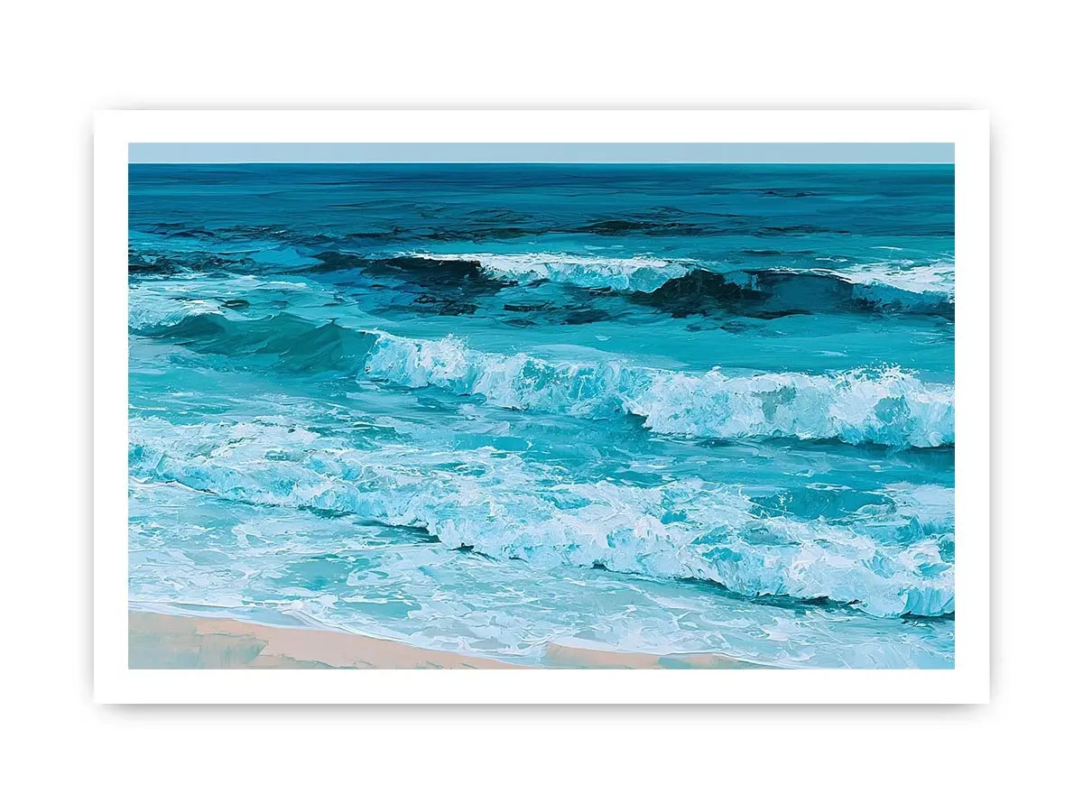 Horizontal turquoise ocean wave canvas art for calming coastal living room decor.