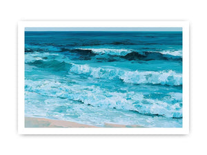 Horizontal turquoise ocean wave canvas art for calming coastal living room decor.