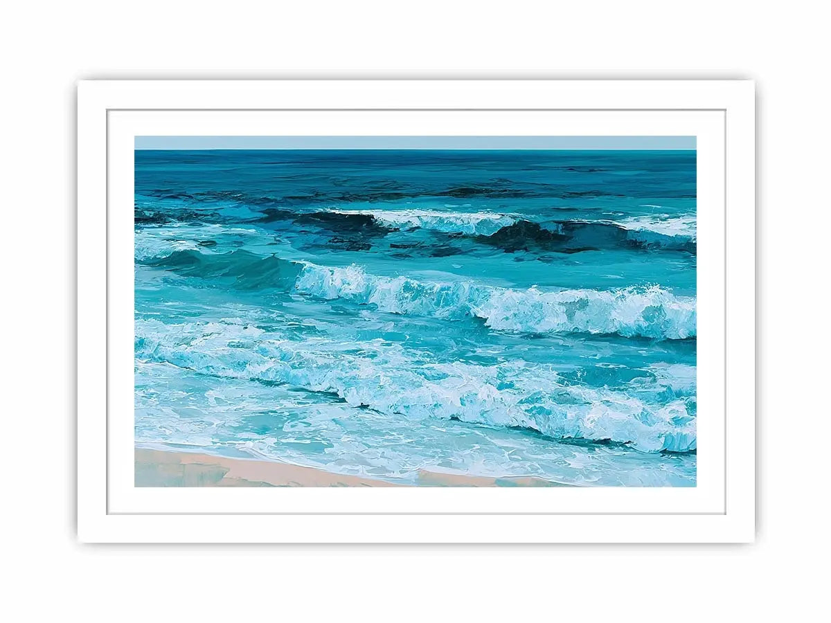 Horizontal turquoise ocean wave canvas art for calming coastal living room decor.