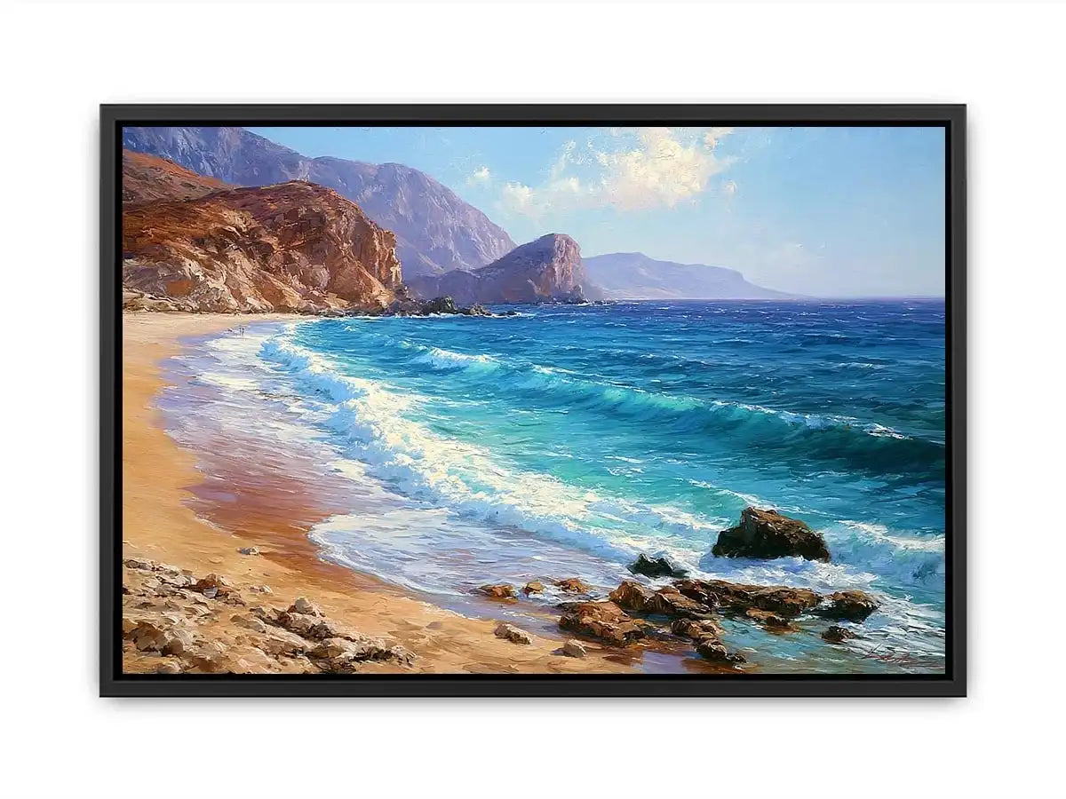 Coastal beach canvas art with blue waves and cliffs for relaxed living room decor.