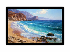 Coastal beach canvas art with blue waves and cliffs for relaxed living room decor.