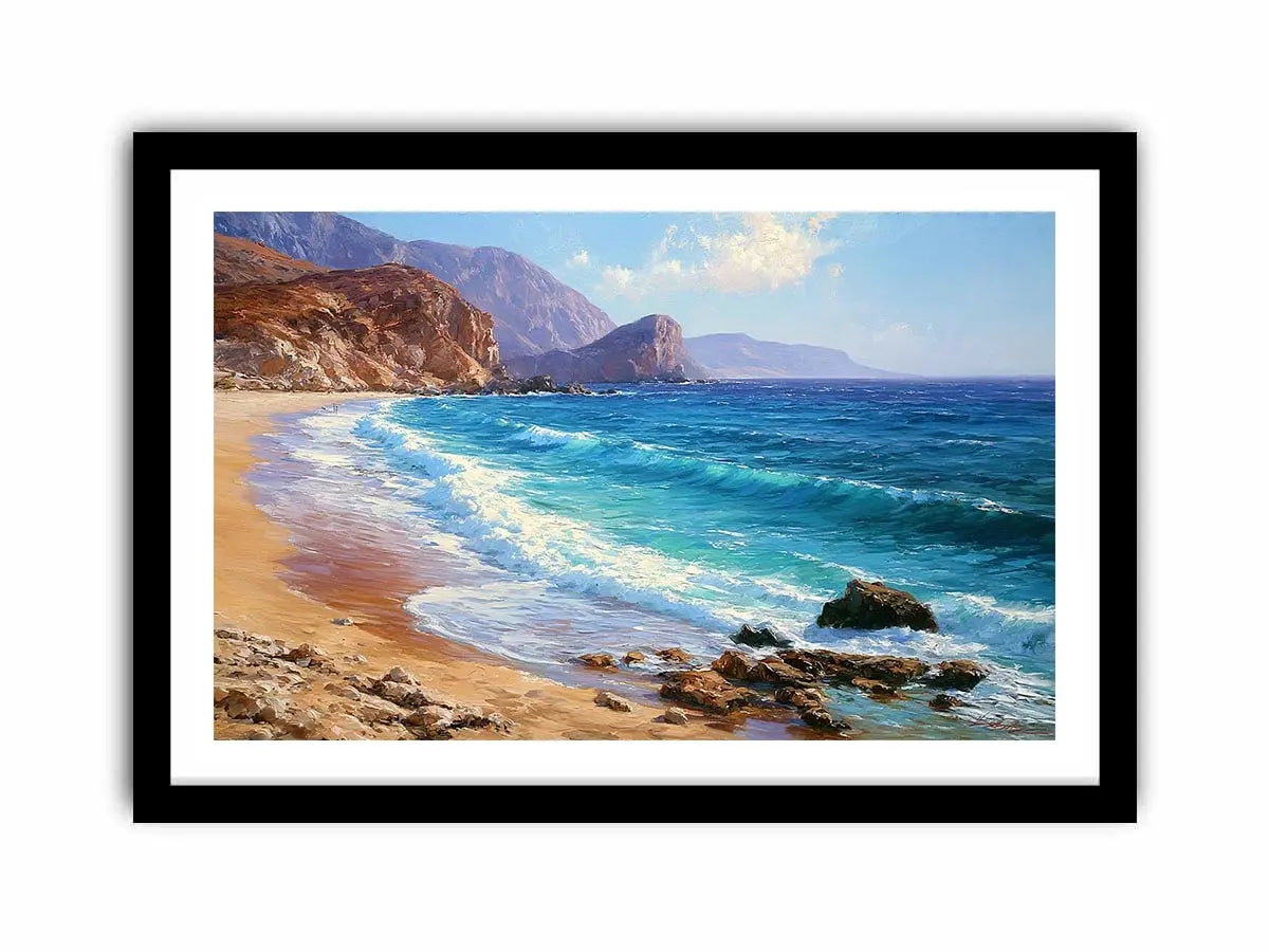 Coastal beach canvas art with blue waves and cliffs for relaxed living room decor.