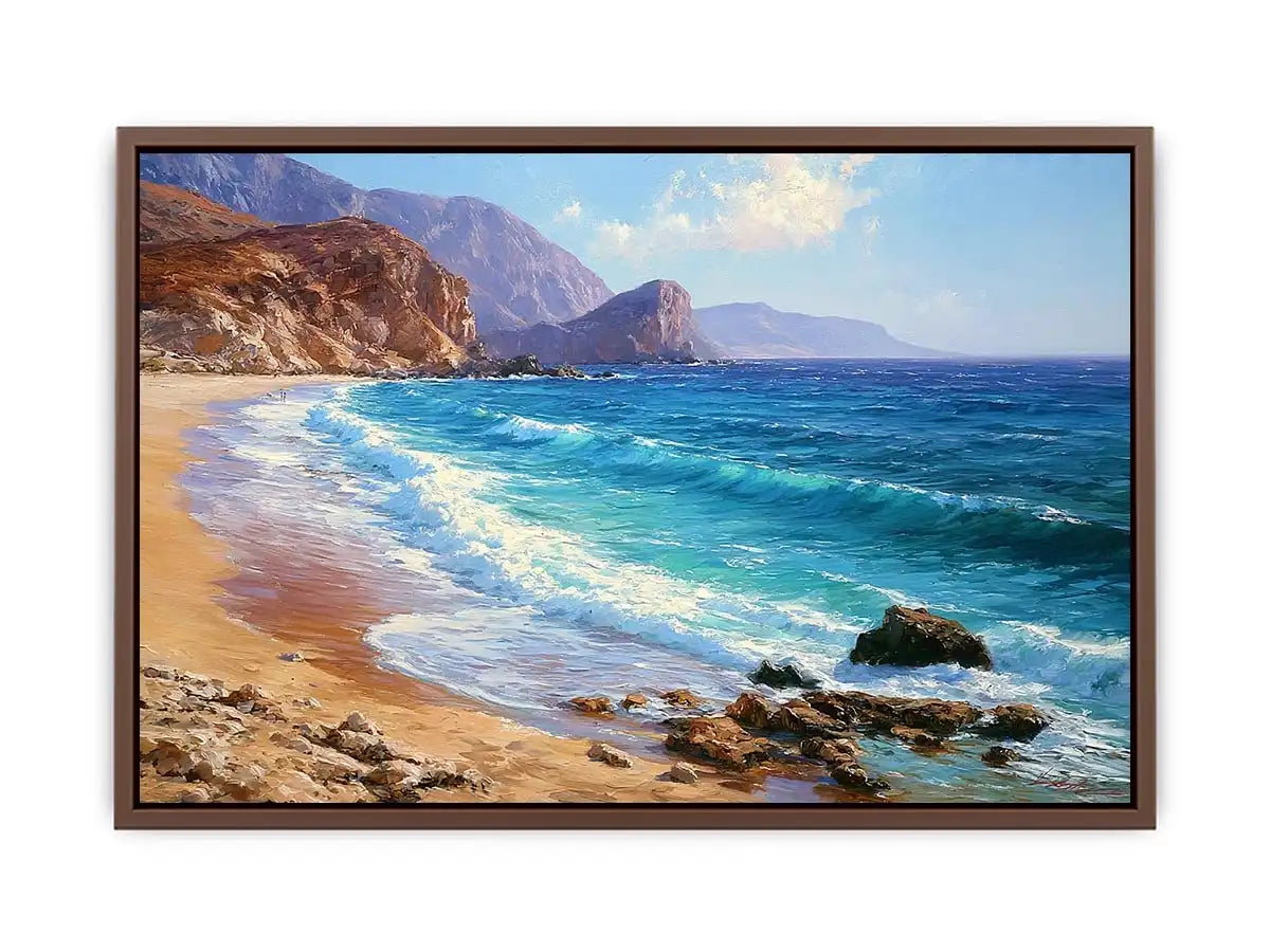 Coastal beach canvas art with blue waves and cliffs for relaxed living room decor.