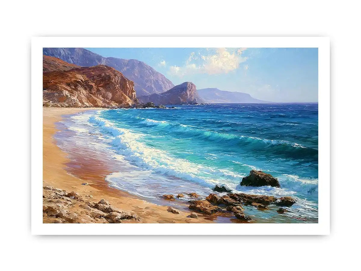 Coastal beach canvas art with blue waves and cliffs for relaxed living room decor.